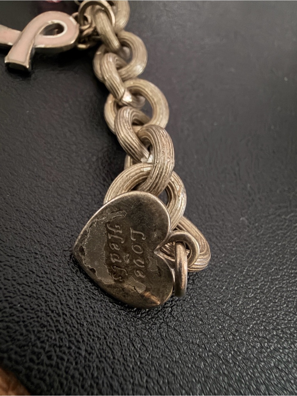 Silver-Tone Charm Bracelet with Pink Ribbon and Heart Charms - Picture 2 of 4